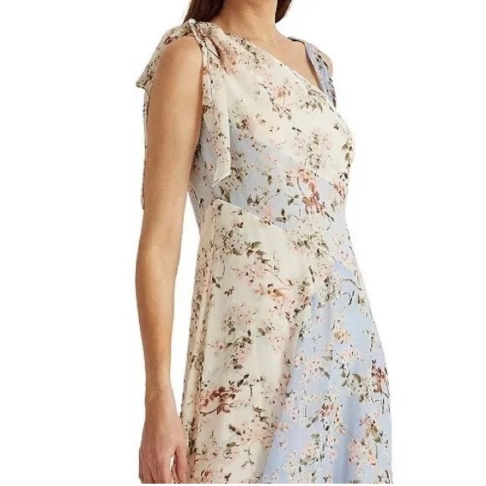 Lauren Ralph Lauren Floral Asymmetrical Hem Bow Georgette Dress in Blue Multi - Picture 5 of 6